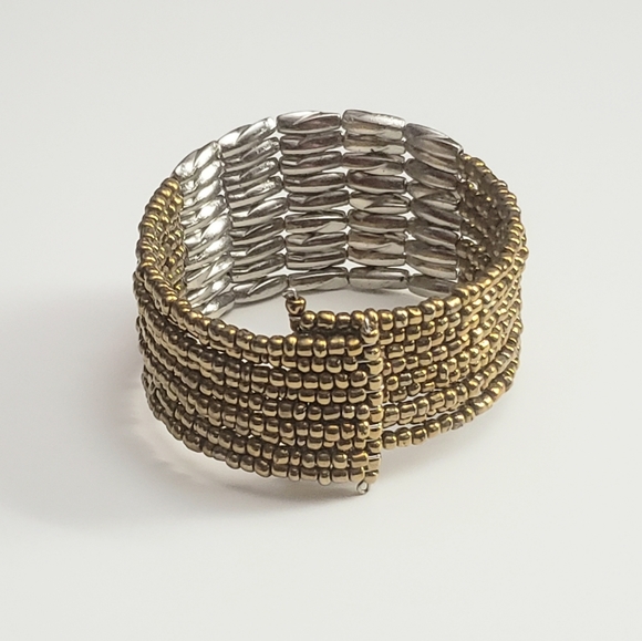 Elegant Layered Silver and Gold Seed Bead Cuff Bracelet - Picture 4 of 7